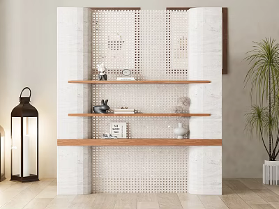 Modern White Grid Patterned Room Divider With Wooden Shelves And Decorative Items 3d model