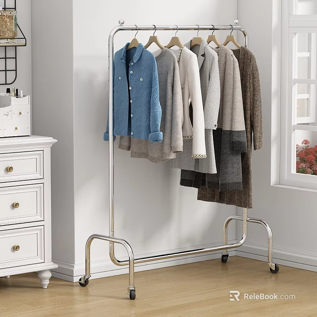 Sturdy Metal Clothes Rack On Wheels Hanging Various Clothes In Home Interior 3d model 