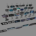 Various Style Televisions on Stands Featuring Time Displays and Different Screen Contents 3d model