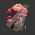 Vibrant Cartoon Tree Scene With Pink And Orange Leaves Twisted Trunk Grass And White Flowers