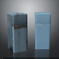 Vintage And New Blue Electronic Refrigerators Showing Worn And Modern Finishes