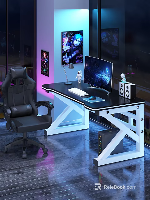 Modern Gaming Desk with White Frame RGB Lighting Monitor Keyboard Mouse Speakers and Black Gaming Chair 3d model 