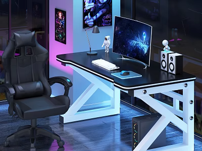 Modern Gaming Desk with White Frame RGB Lighting Monitor Keyboard Mouse Speakers and Black Gaming Chair 3d model