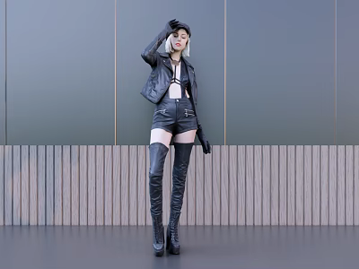 Woman Wearing Black Leather Jacket Shorts and Over Knee Boots by Gray Wooden Wall 3d model