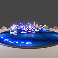 Elegant Round Dining Table Set With Illuminated Blue Center And Surrounding White Chair Covers