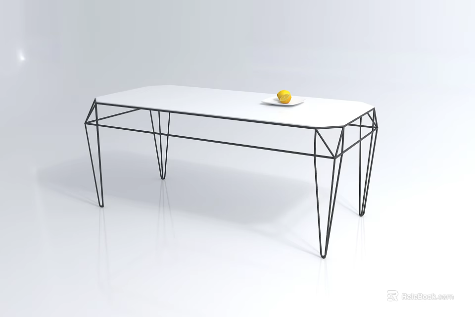 Modern Coffee Table with White Tabletop Black Geometric Metal Frame and Yellow Fruit on Plate 3d model 
