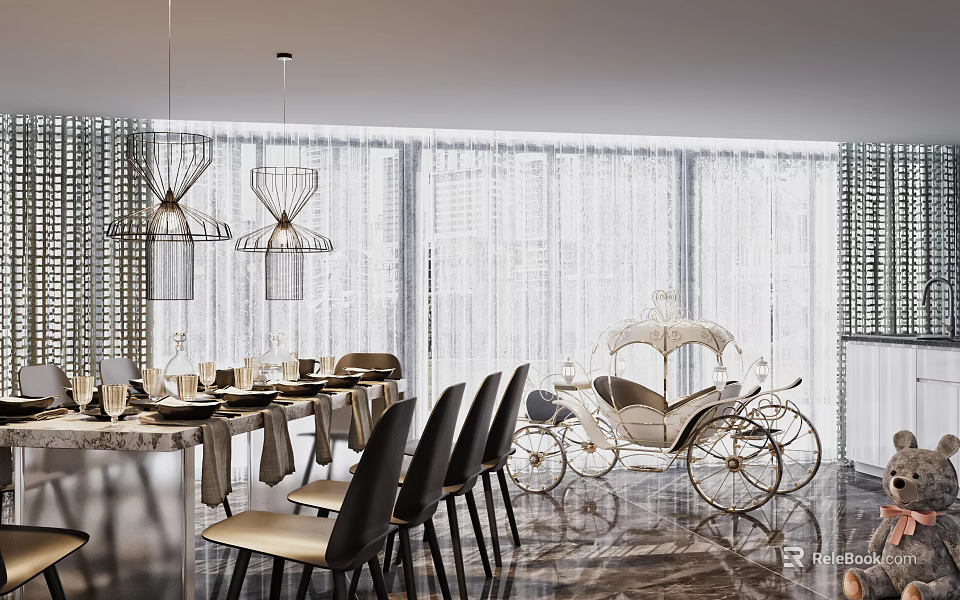 Elegant Luxury Restaurant Interior With Modern Chandeliers Dining Table And Curtains 3d model 