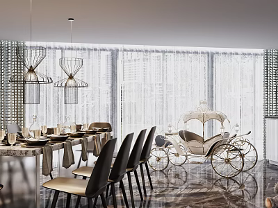 Elegant Luxury Restaurant Interior With Modern Chandeliers Dining Table And Curtains 3d model