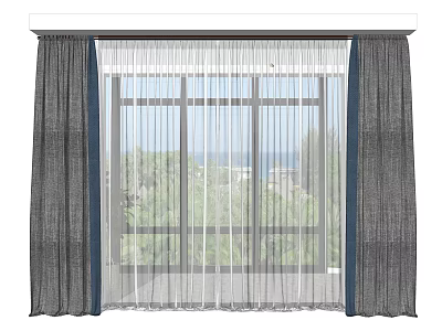 Layered Curtains for Window with Sheer and Opaque Panels Green Trees and Sea View 3d model