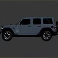 Light Blue Jeep Four Door SUV Featuring Square Body Design And Black Wheels