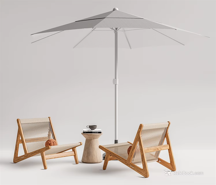 Wooden Frame Woven Seat Outdoor Lounge Chairs With Sunshade Umbrella And Side Table 3d model 