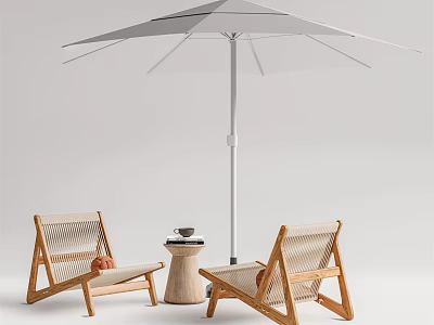 Wooden Frame Woven Seat Outdoor Lounge Chairs With Sunshade Umbrella And Side Table 3d model