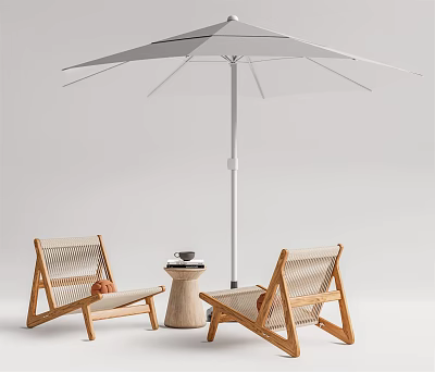 Wooden Frame Woven Seat Outdoor Lounge Chairs With Sunshade Umbrella And Side Table 3d model