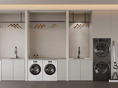 Bathroom Cabinet Rack In Minimalist Design With White Cabinets Washing Machines Dryers And Hanging Racks 3d model