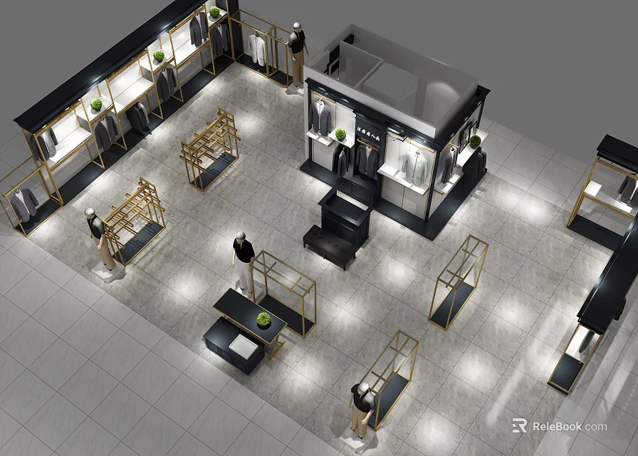 Modern Clothing Store Interior With Display Racks Mannequins And Decorative Plants 3d model 