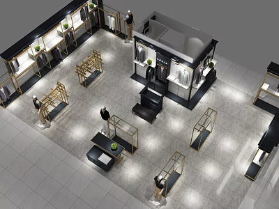 Modern Clothing Store Interior With Display Racks Mannequins And Decorative Plants 3d model