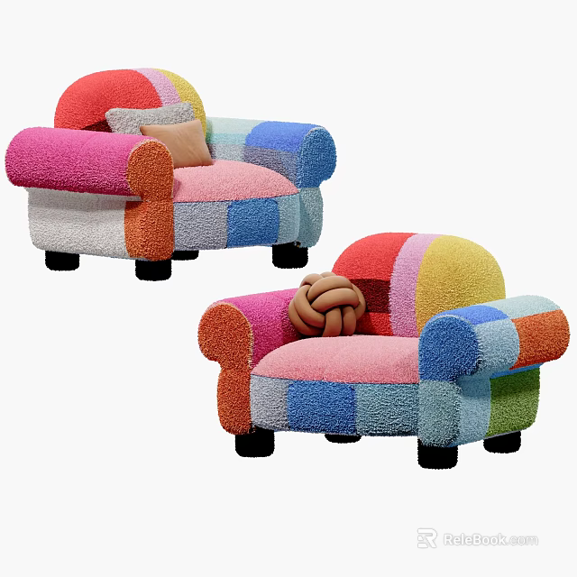 Colorful Single Sofa With Knitted Patchwork Pillow And Decorative Ball 3d model 