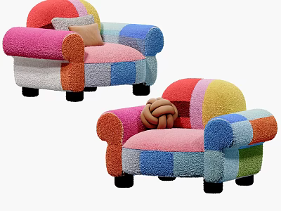 Colorful Single Sofa With Knitted Patchwork Pillow And Decorative Ball 3d model