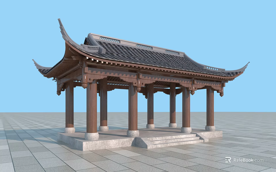 Traditional Chinese Pavilion With Overhanging Eaves Tile Roof Wooden Columns And Stone Platform 3d model 
