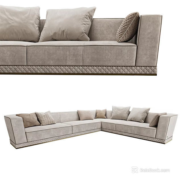 Light Gray L Shaped Multi Person Sofa with Multiple Cushions and Quilted Stitching 3d model