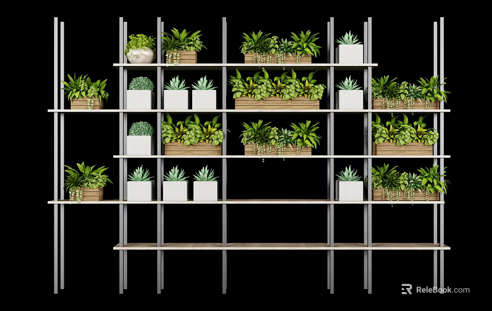 Stylish Multi Tiered Garden Shelf With Various Potted Plants And Decorative Pots 3d model 