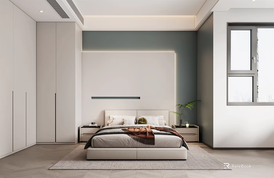 Modern Minimalist Bedroom Interior With Platform Bed Wardrobe Accent Wall Lighting And Neutral Rug 3d model 