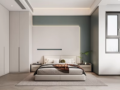 Modern Minimalist Bedroom Interior With Platform Bed Wardrobe Accent Wall Lighting And Neutral Rug 3d model