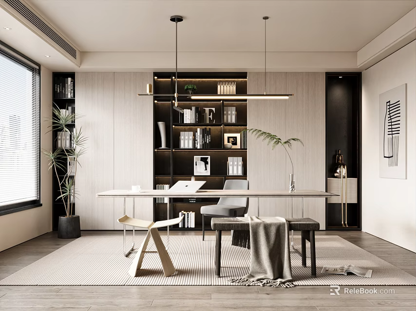 Modern Study Room Interior With Bookshelves Writing Desk Hanging Lights And Potted Plant 3d model 