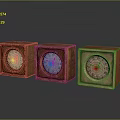 Three Square Wooden And Metal Speakers With Circular Drivers On Reflective Surface