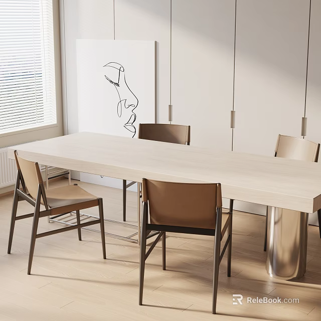 Modern Light Wood Dining Table Set With Brown Chairs Pendant Lights And Wall Art 3d model 