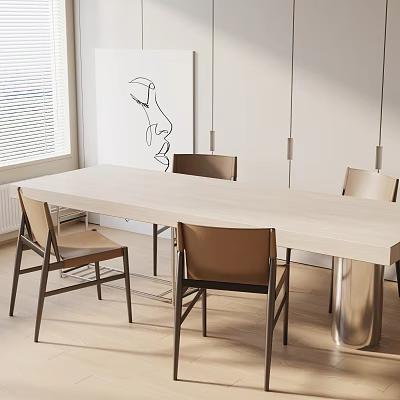 Modern Light Wood Dining Table Set With Brown Chairs Pendant Lights And Wall Art 3d model