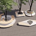 Modern Tree Planters With Various Shapes And Wooden Stone Elements In Urban Paved Area