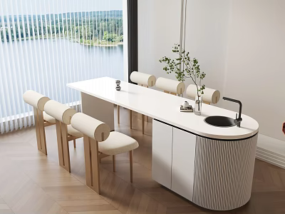 Modern Dining Table Set With White Long Table Beige Chairs And Cabinet With Sink 3d model