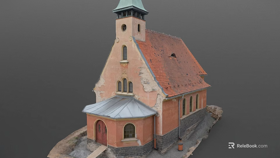Rural Church Building With Orange Walls Red Tiled Roof Green Steeple And Arched Windows 3d model 