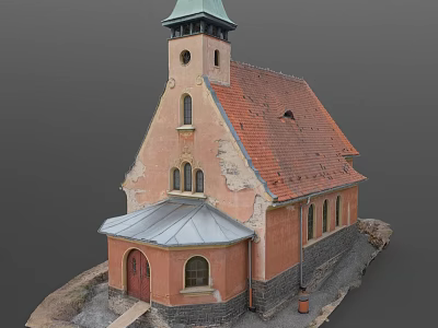 Rural Church Building With Orange Walls Red Tiled Roof Green Steeple And Arched Windows 3d model