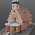 Rural Church Building With Orange Walls Red Tiled Roof Green Steeple And Arched Windows