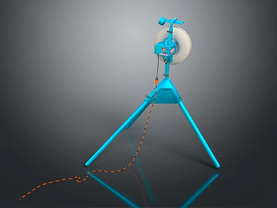 Blue Tripod Tool Featuring White Wheel And Orange Rope On Stable Stand 3d model