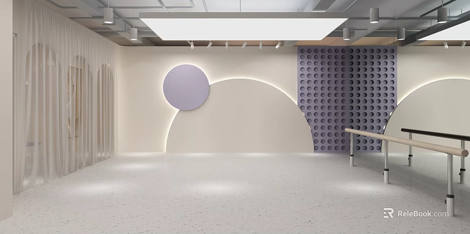 Modern School Interior With Circular Decor Arched Lighting And Perforated Wall 3d model