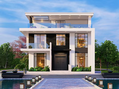 Modern Two Story Detached Villa with Large Windows Stone Driveway and Balcony Surrounded by Greenery 3d model