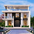 Modern Two Story Detached Villa with Large Windows Stone Driveway and Balcony Surrounded by Greenery