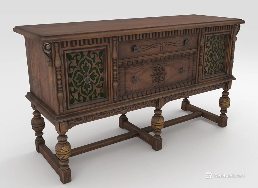 Traditional Wooden Entryway Cabinet Sideboard With Carved Details And Decorative Panels 3d model 