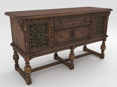 Traditional Wooden Entryway Cabinet Sideboard With Carved Details And Decorative Panels 3d model