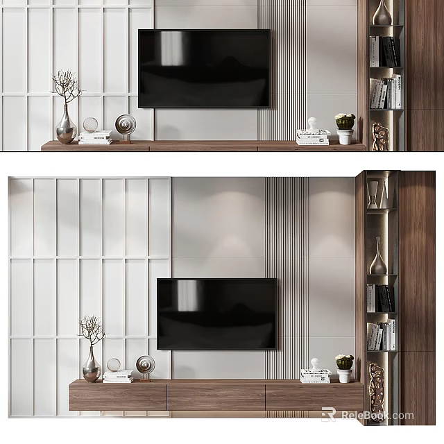 Sleek Modern TV Wall Unit With Wooden Frame White Panel Wall And Decorative Shelves 3d model 