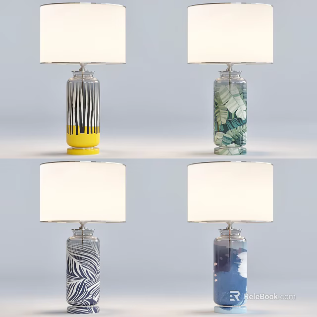 Stylish Table Lamp Designs With Stripe Patterns Leaf Prints And Decorative Bases 3d model