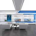 Modern Tech Savvy Exhibition Hall With Blue Background Sofas And Display Wall 3d model
