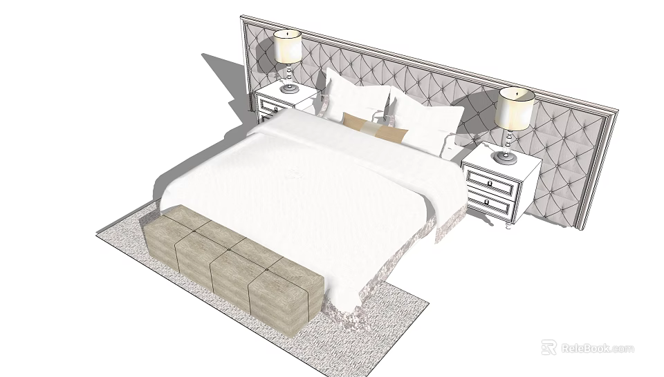 Modern Double Bed with Geometric Pattern Headboard Nightstands Table Lamps and Footstool 3d model