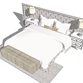 Modern Double Bed with Geometric Pattern Headboard Nightstands Table Lamps and Footstool 3d model