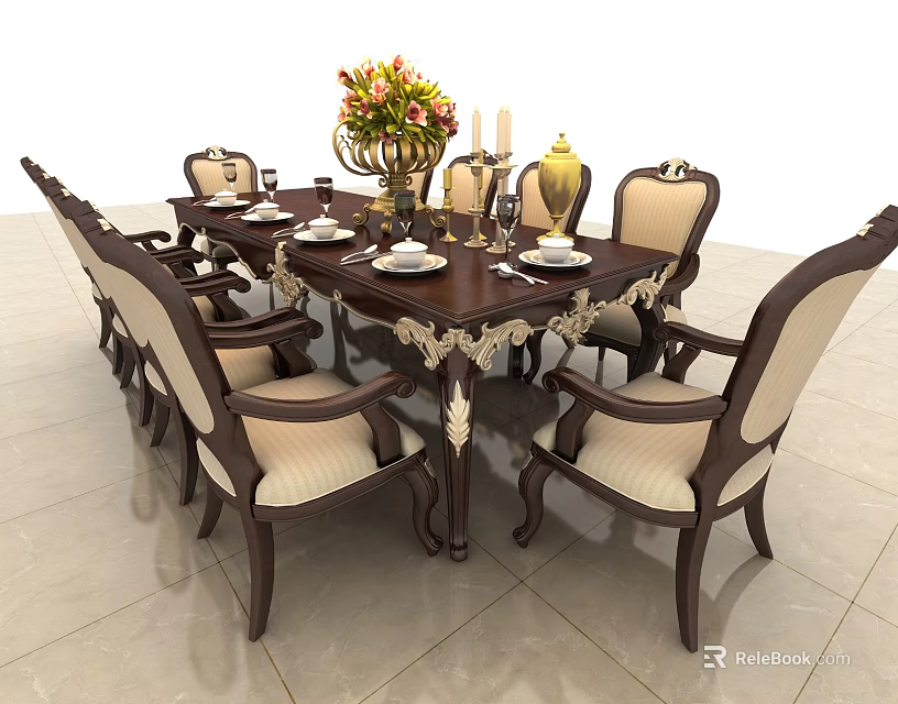 Elegant Classic Dining Table Set With Carved Chairs Upholstered Seats And Tabletop Decorations 3d model 