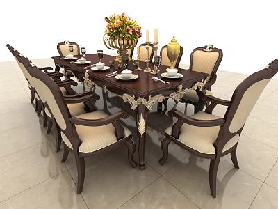 Elegant Classic Dining Table Set With Carved Chairs Upholstered Seats And Tabletop Decorations 3d model