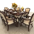 Elegant Classic Dining Table Set With Carved Chairs Upholstered Seats And Tabletop Decorations 3d model